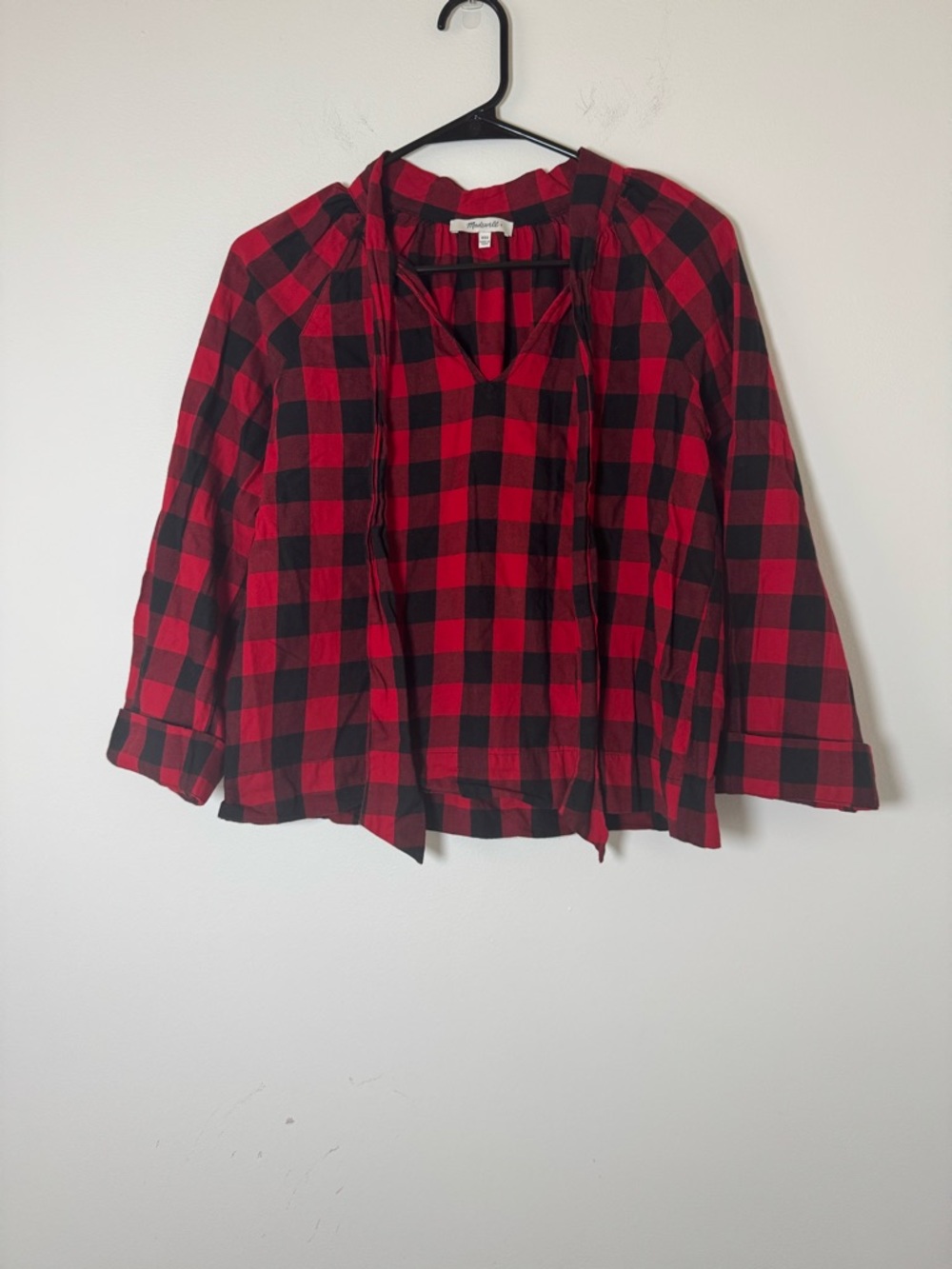 Madewell Buffalo Plaid Top XXS Red Black Cotton Peasant Blouse Tie Neck